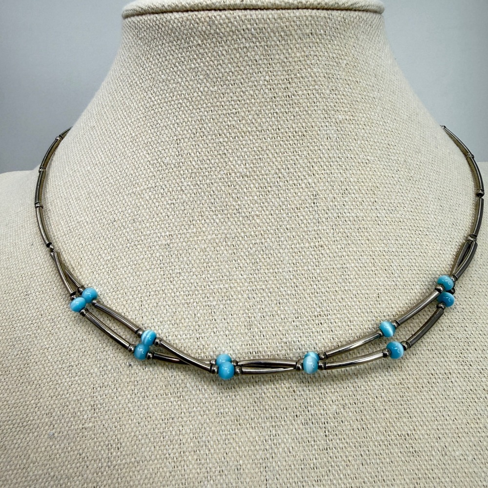 Liquid Silver Twisted Strand Necklace Blue Cats Eye Beads Adjustable
